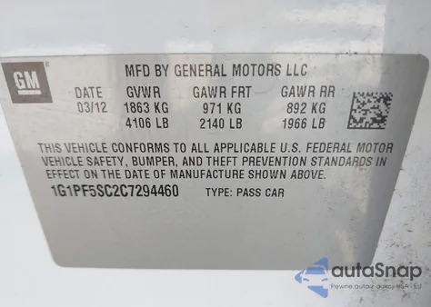 2012 Chevrolet Cruze 1Lt from USA, damaged, VIN 1G1PF5SC2C7294460